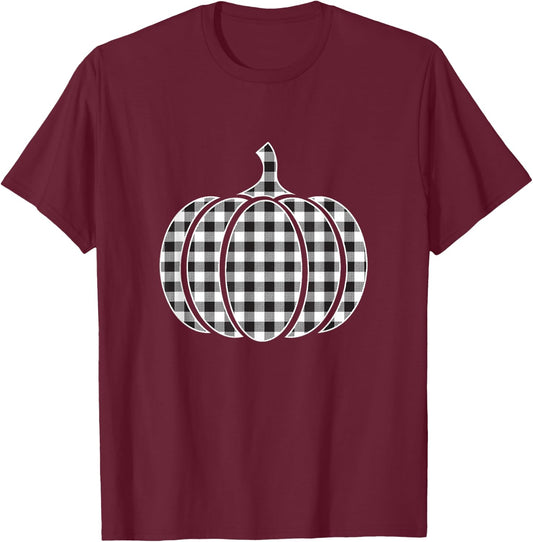 Halloween Black and White Buffalo Plaid Pumpkin Men Women T-Shirt - T-Shirt | Maroon