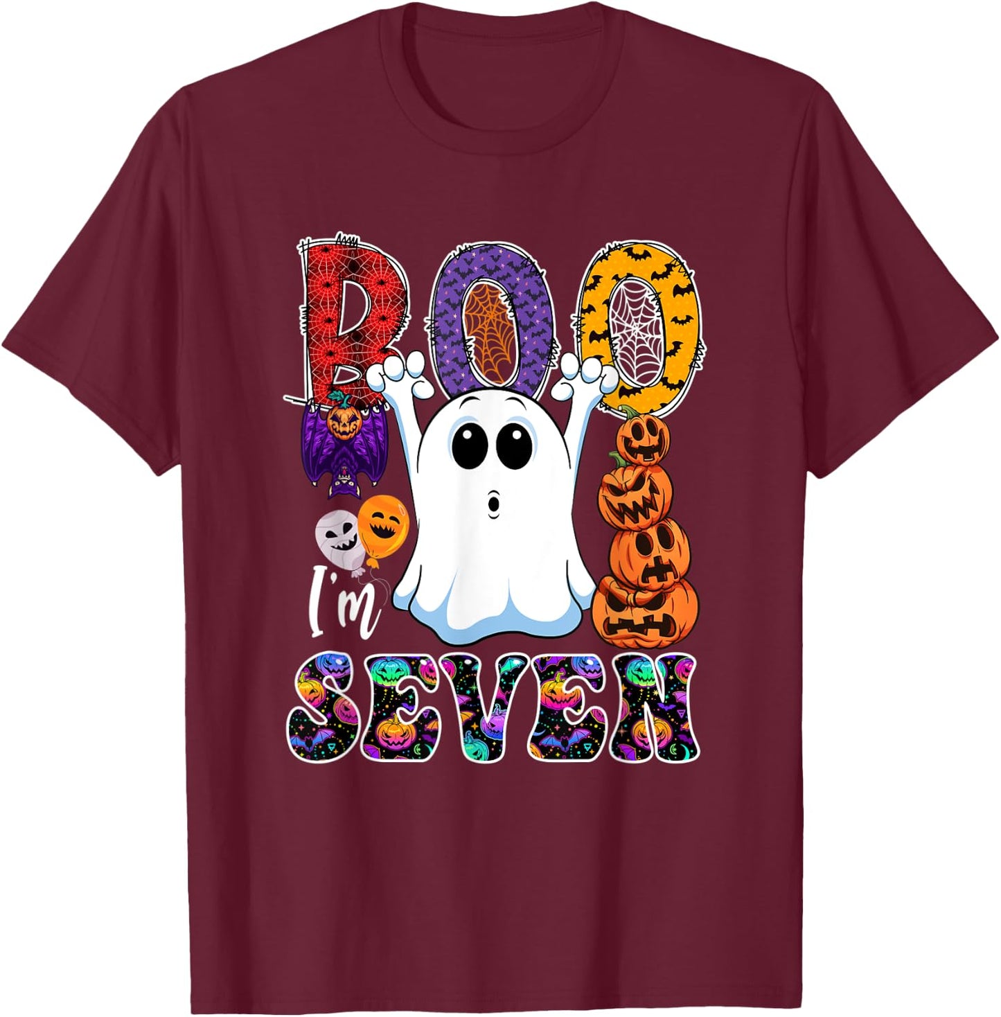 Boo I'm Seven Cute Boo Ghost Halloween 7th Birthday Family T-Shirt - T-Shirt | Maroon