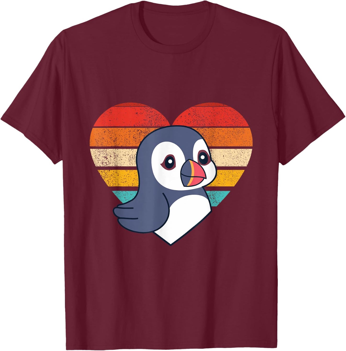 Cute Puffin Design Retro Heart Shape Vintage T-Shirt - T-Shirt | Maroon