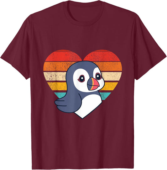 Cute Puffin Design Retro Heart Shape Vintage T-Shirt - T-Shirt | Maroon