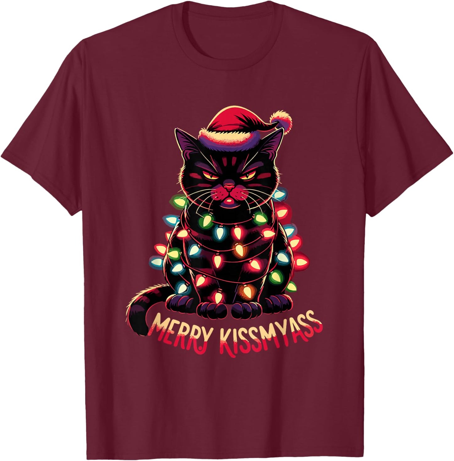 Merry Kissmyass Funny Black Cat Christmas Lights Santa Hat T-Shirt - T-Shirt | Maroon