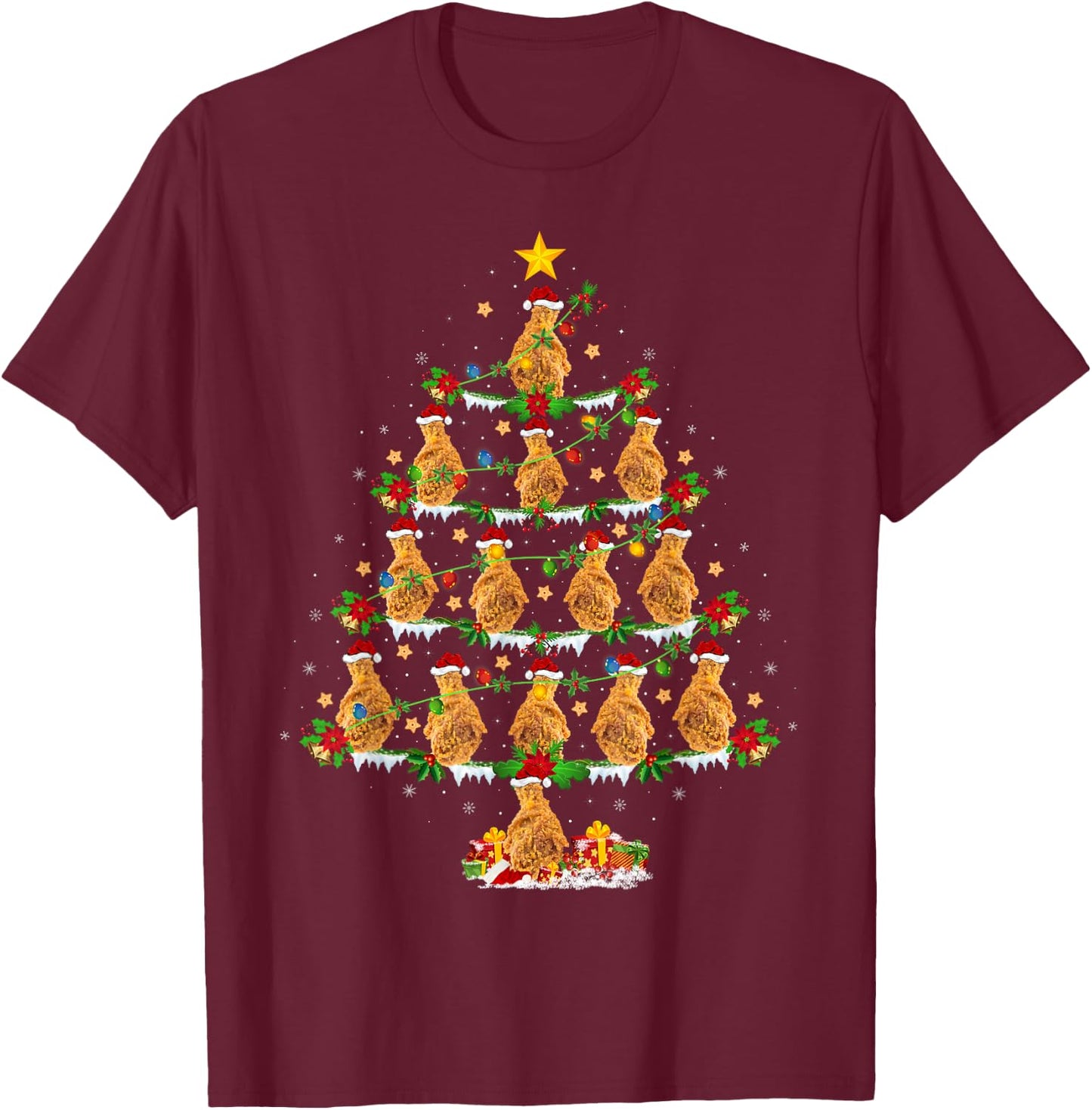 Holiday Xmas Lighting Santa Fried Chicken Christmas Tree T-Shirt - T-Shirt | Maroon