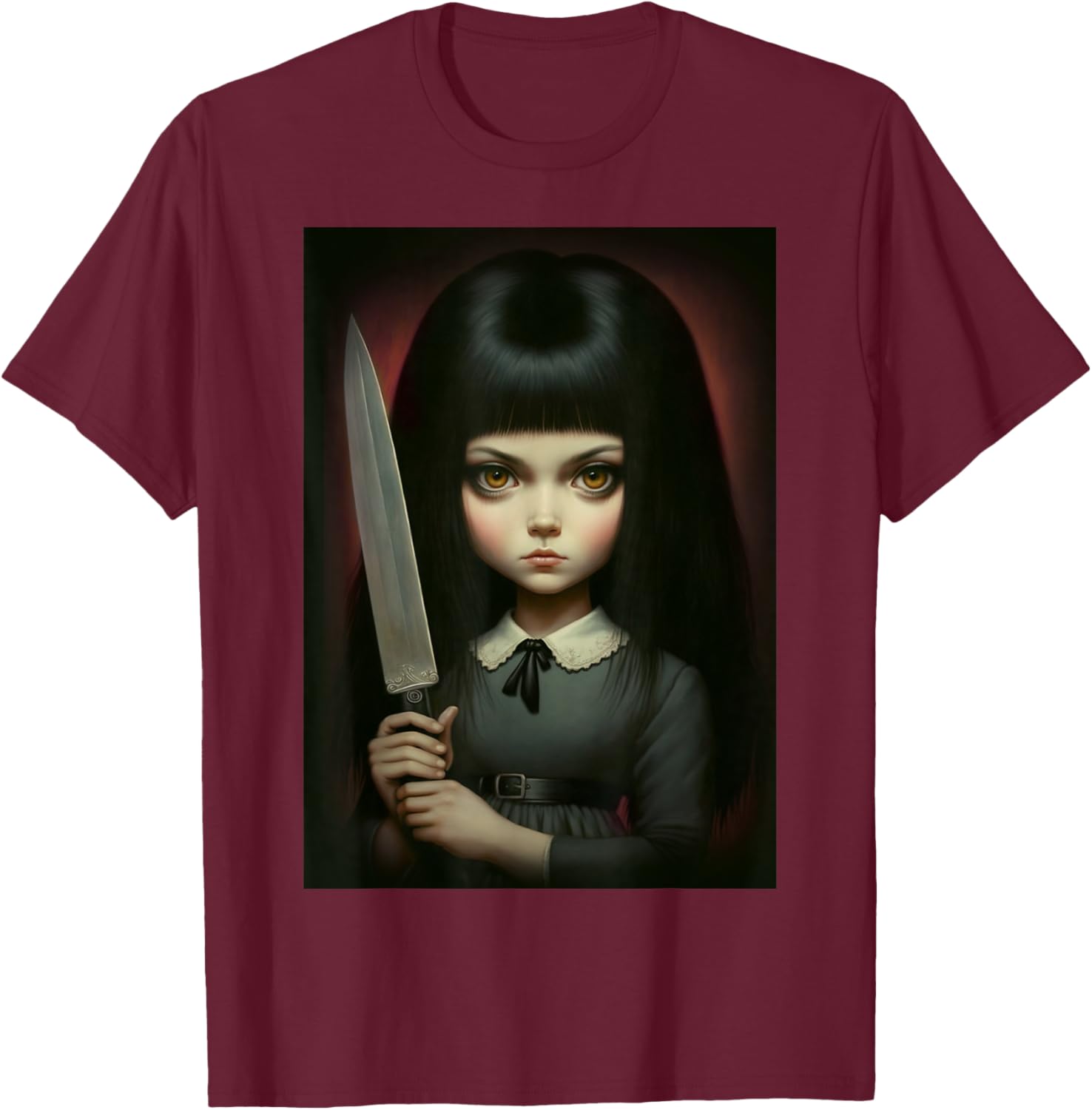 Last Gasp Graphics Sinister Girl Holding Knife T-Shirt - T-Shirt | Maroon