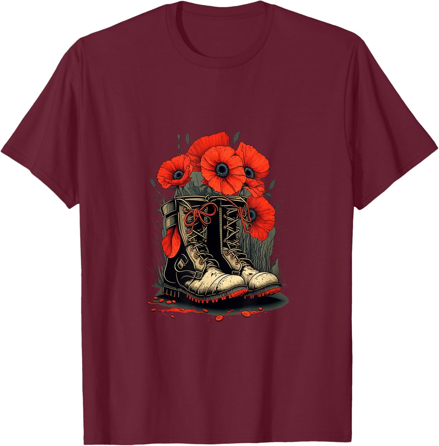 Memorial Day Red Poppy Flower Military Boots 4th of July T-Shirt - T-Shirt | Maroon