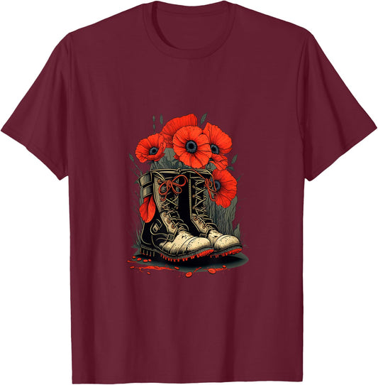 Memorial Day Red Poppy Flower Military Boots 4th of July T-Shirt - T-Shirt | Maroon