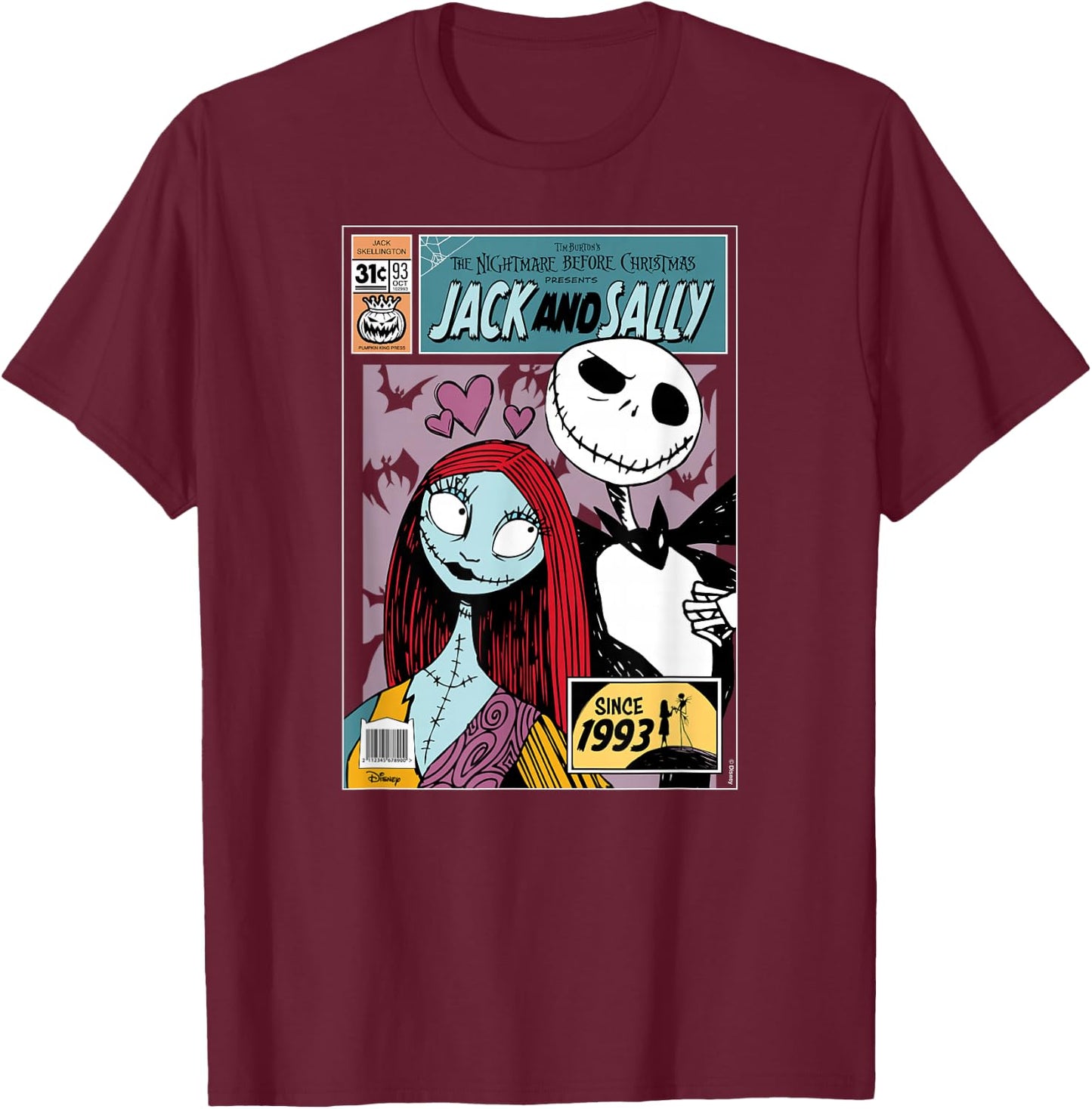 The Nightmare Before Christmas - Jack and Sally T-Shirt - T-Shirt | Maroon