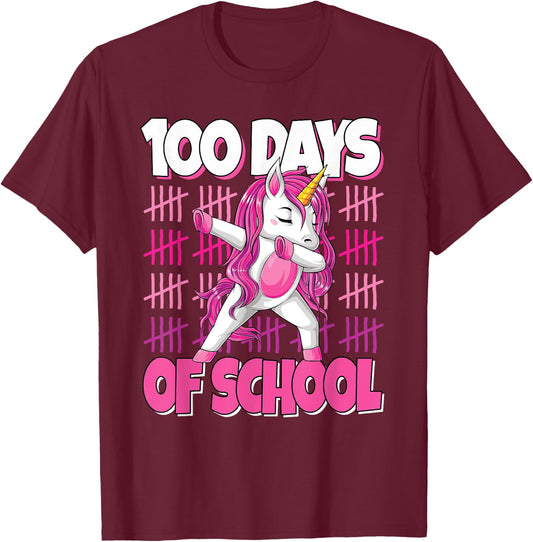 100 Days Of School Dabbing Unicorn 100th Day Of School Girls T-Shirt - T-Shirt | Maroon
