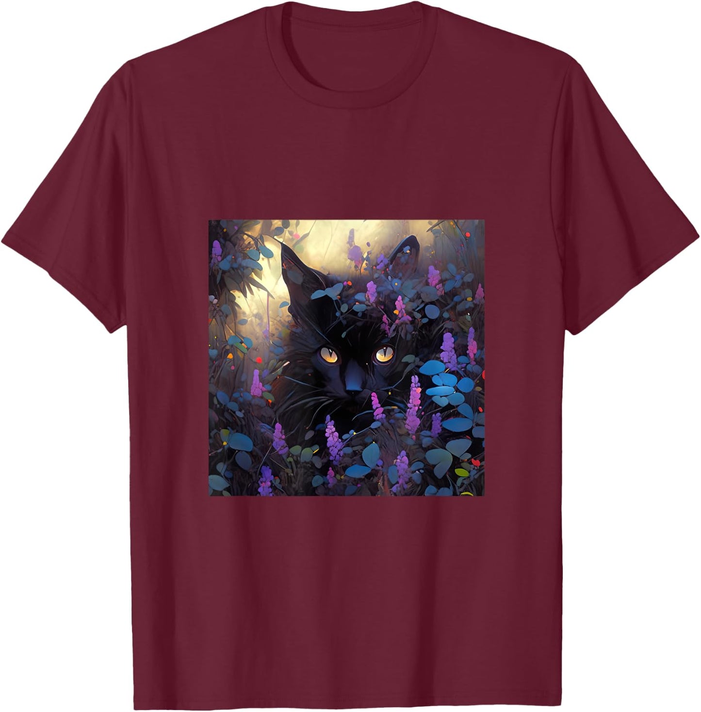 Black Adorable Cat Purple Spring Flowers Women T-Shirt - T-Shirt | Maroon