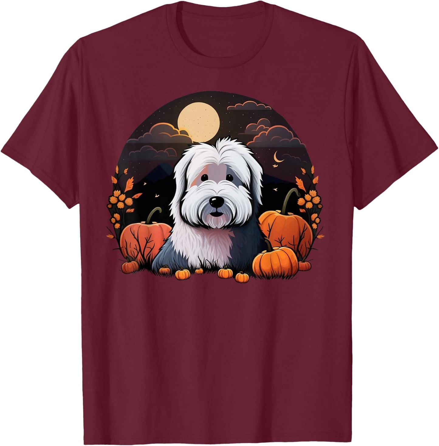 Pumpkin Bobtail costume on Old English Sheepdog Halloween T-Shirt - T-Shirt | Maroon