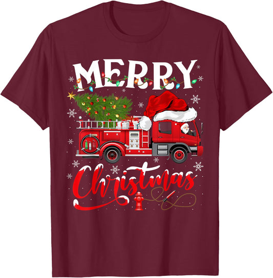 Fire Truck Xmas Tree Fireman Firefighter Merry Christmas T-Shirt - T-Shirt | Maroon