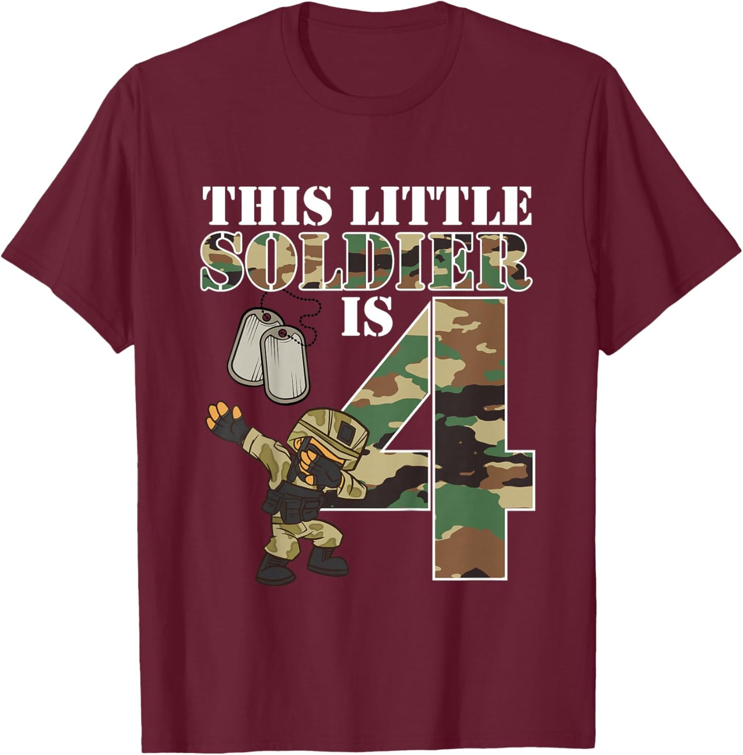 Kids 4 Years Old Boy Army Military 4th Birthday Kids T-Shirt - T-Shirt | Maroon