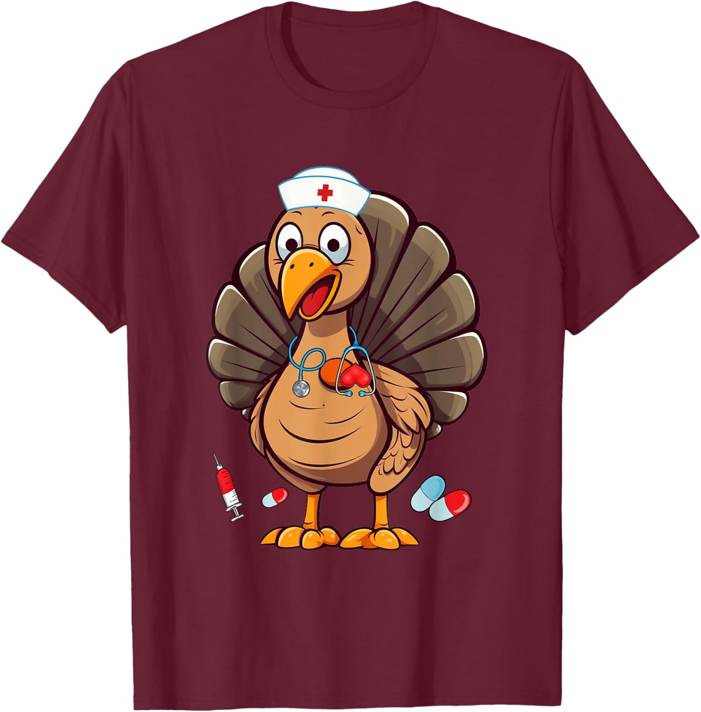 Turkey Nurse Stethoscope Thanksgiving Fall Scrub Top Women T-Shirt - T-Shirt | Maroon