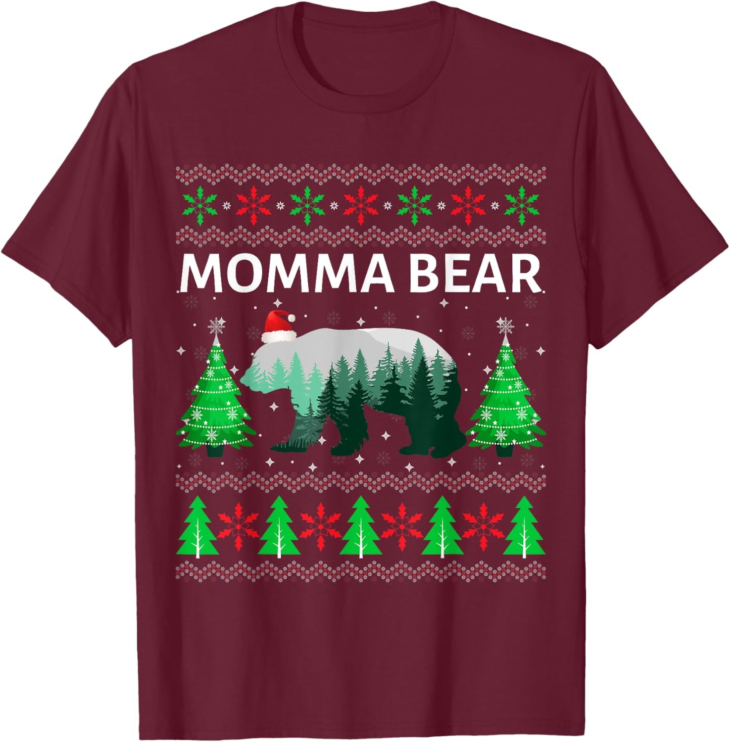 Family Matching Ugly Christmas Sweater Momma Bear Xmas T-Shirt - T-Shirt | Maroon