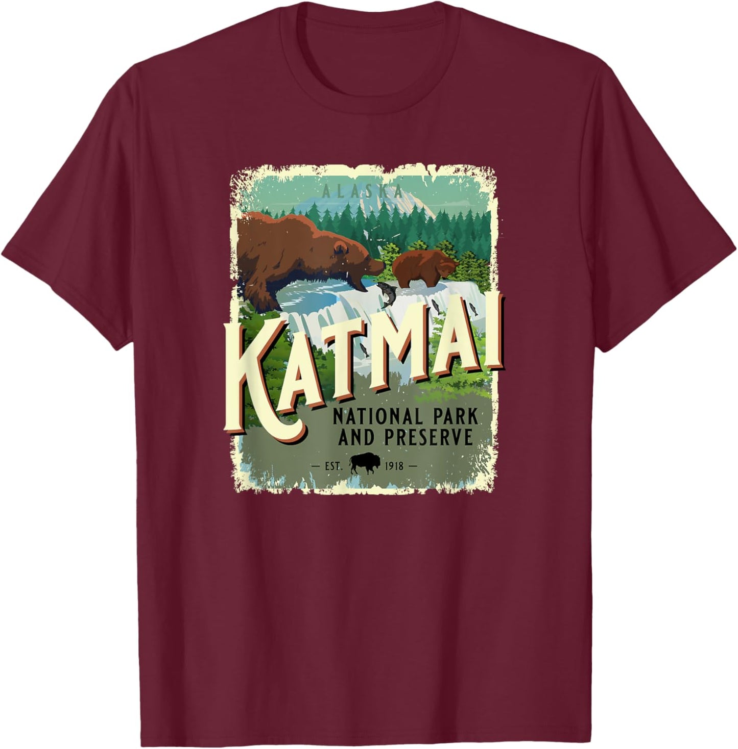 Katmai National Park and Preserve Alaska Brown Bear Souvenir T-Shirt - T-Shirt | Maroon