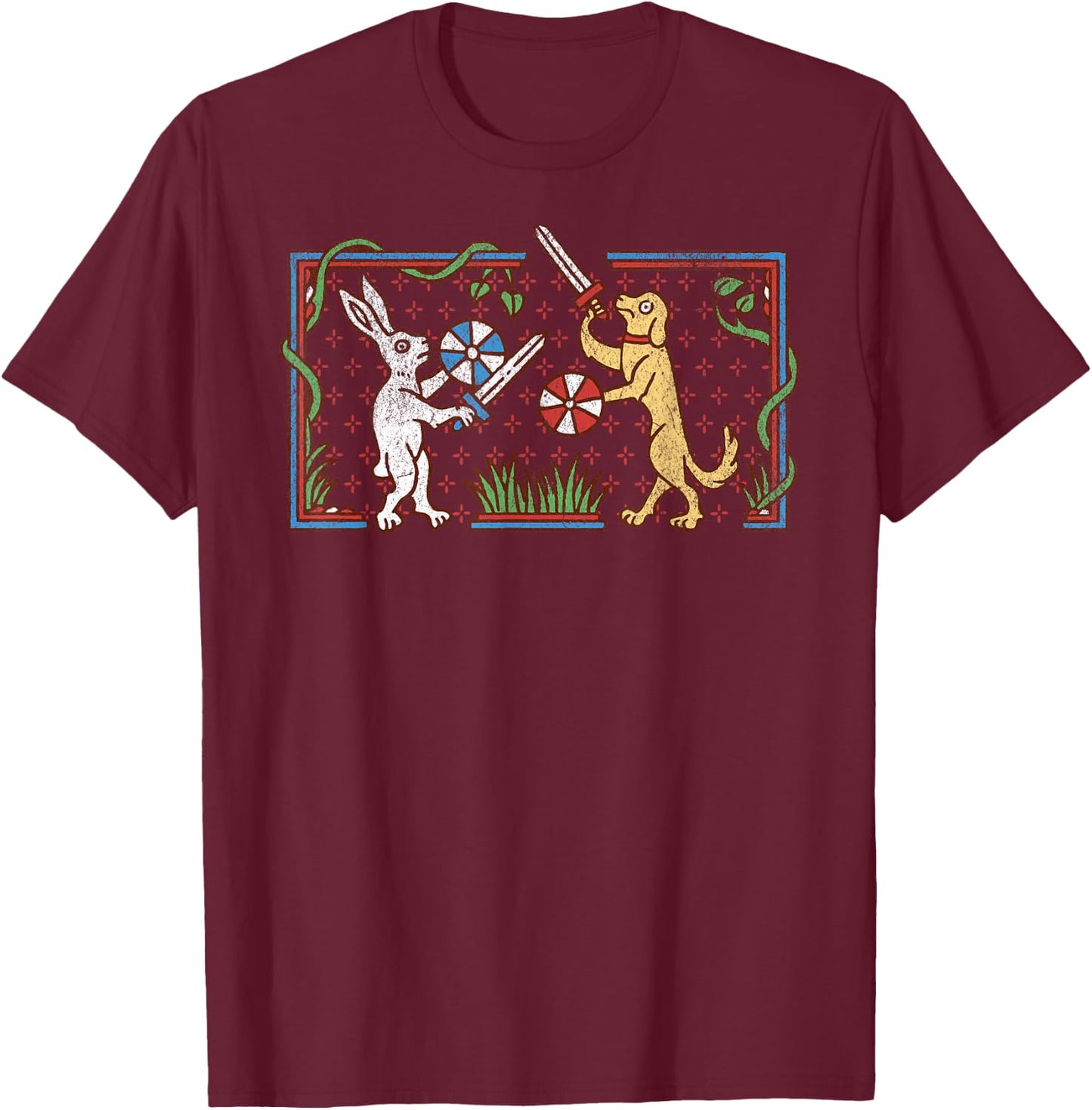 Medieval Rabbit & Dog Sword Fighting Cute Vintage Retro Men Women Girls Kids T-Shirt - T-Shirt | Maroon