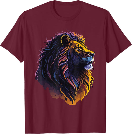 Colorful Vintage Graphic Lion Head Face Art T-Shirt - T-Shirt | Maroon