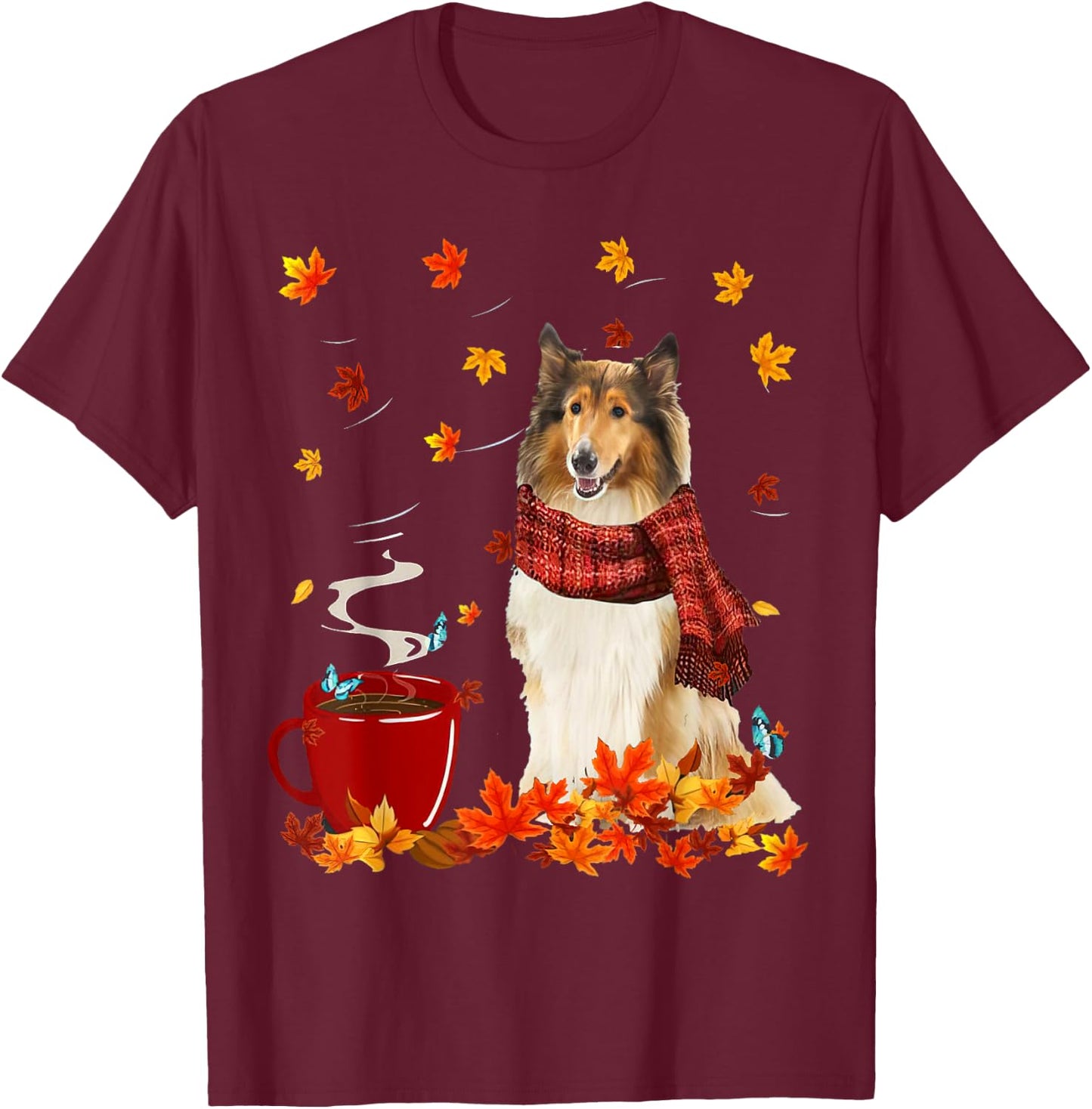 Rough Collie Fall Red Scarf Autumn Leaf For Dog Lover T-Shirt - T-Shirt | Maroon