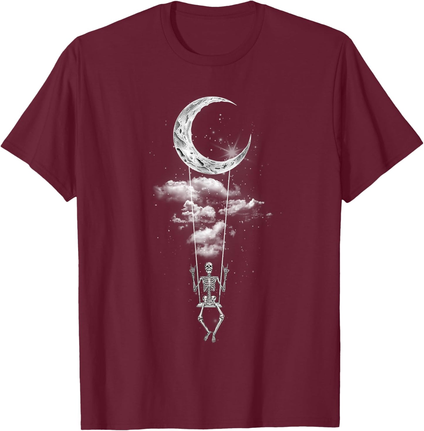 Skeleton Hand Rock On Moon Swing Funny Halloween T-Shirt - T-Shirt | Maroon