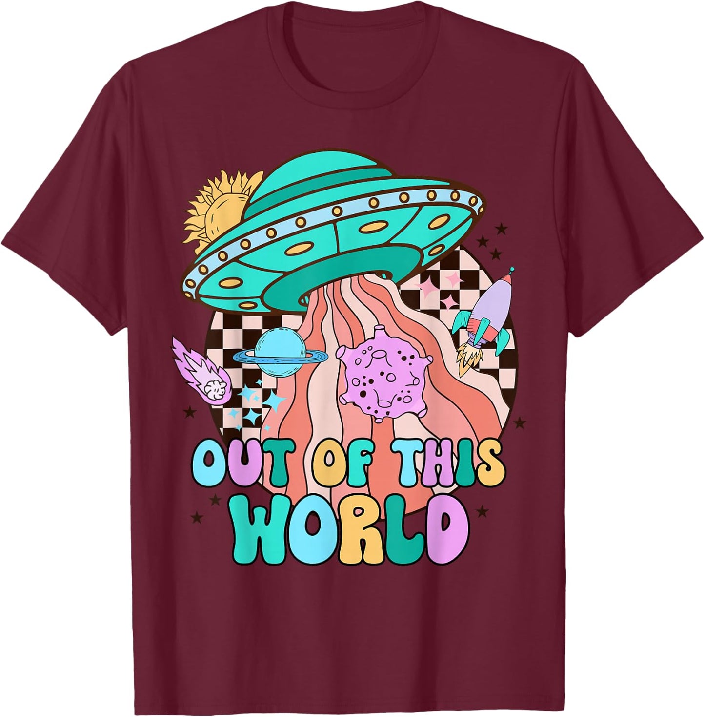 Out of This World Outer Space Rocket Retro Planet Galaxy T-Shirt - T-Shirt | Maroon