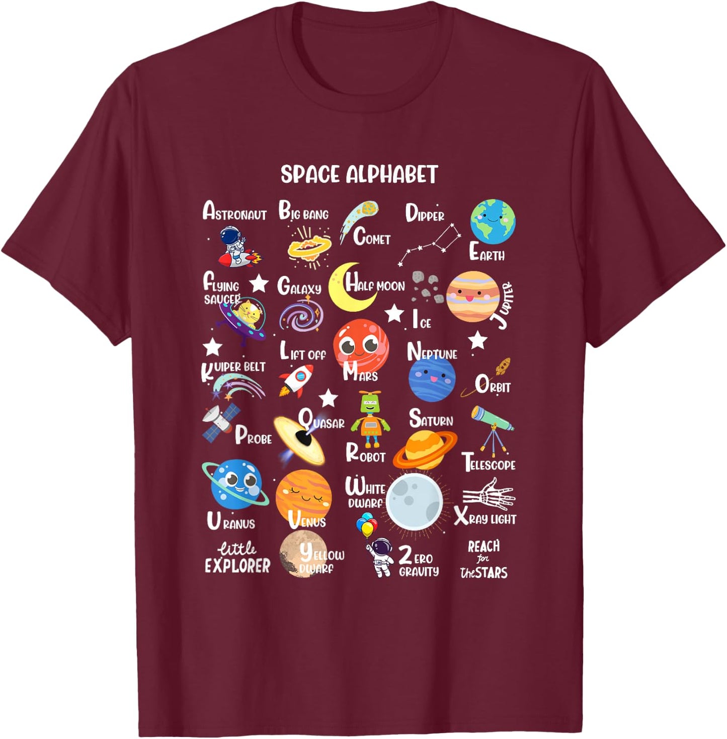 Space Alphabet A-Z ABC of Outer Space STEM Kids T-Shirt - T-Shirt | Maroon