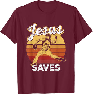 Retro Jesus a Saves Baseball Pitcher Fan Christian T-Shirt - T-Shirt | Maroon