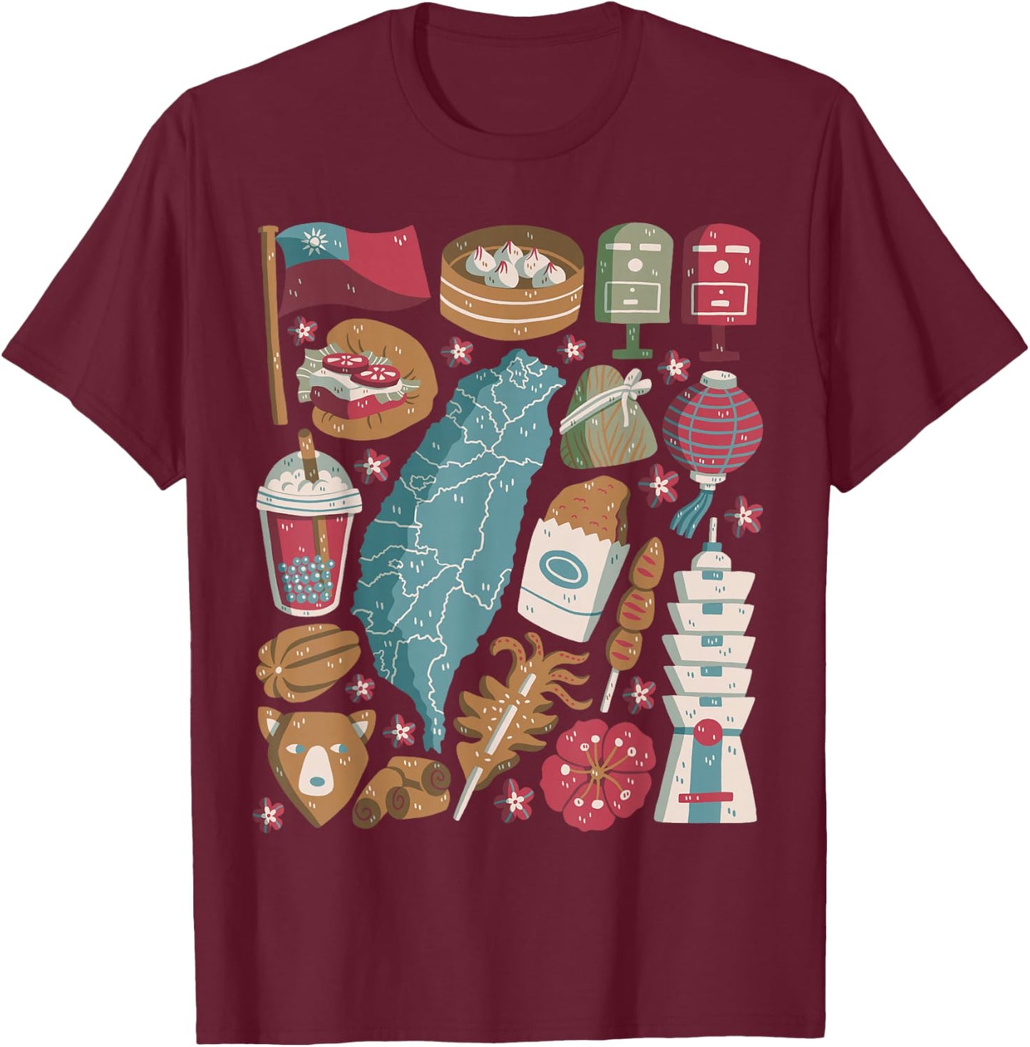 Taiwan Doodles Taipei Asia Bubble Tea Gua Bao T-Shirt - T-Shirt | Maroon