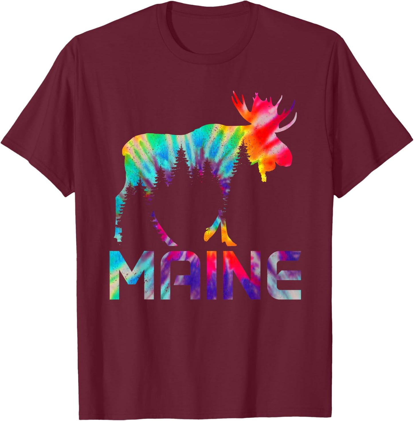 Maine Vintage Tie Dye Souvenir Elk T-Shirt - T-Shirt | Maroon