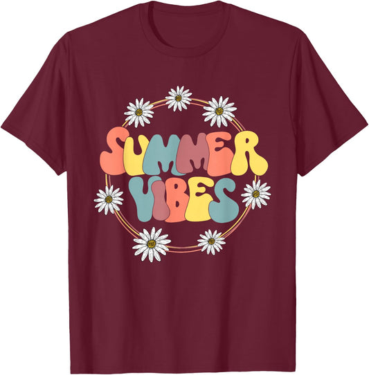Retro Groovy Summer Vibes Sunflower Hello Summer Vacation T-Shirt - T-Shirt | Maroon