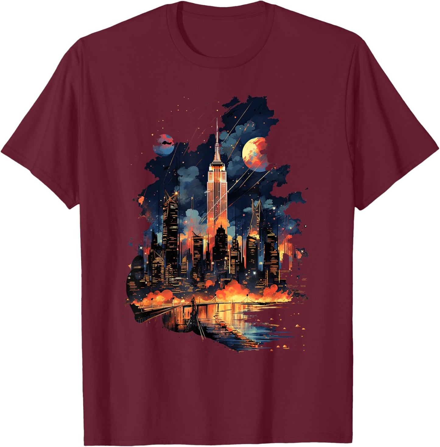 New York City Downtown Skyline Statue of Liberty NYC T-Shirt - T-Shirt | Maroon