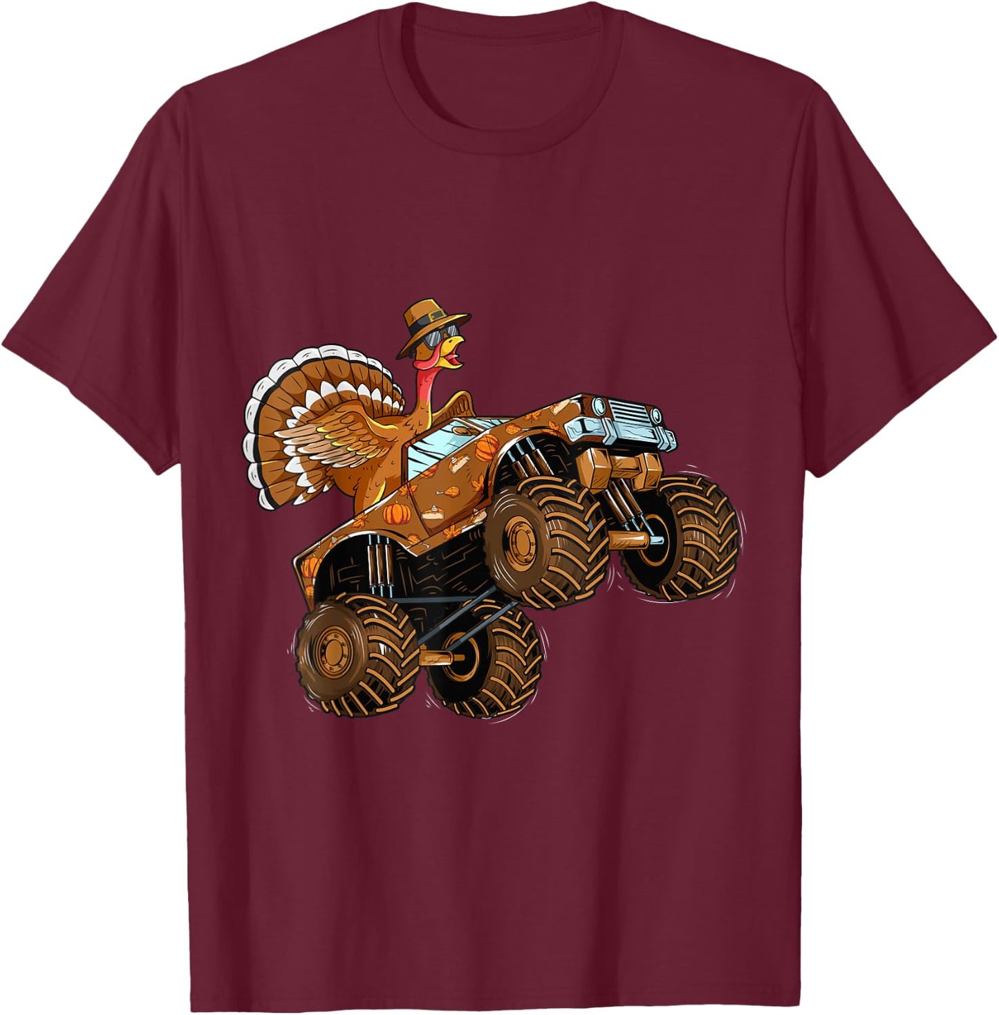 Thanksgiving Turkey Riding Monster Truck For Boys Girls Kids T-Shirt - T-Shirt | Maroon