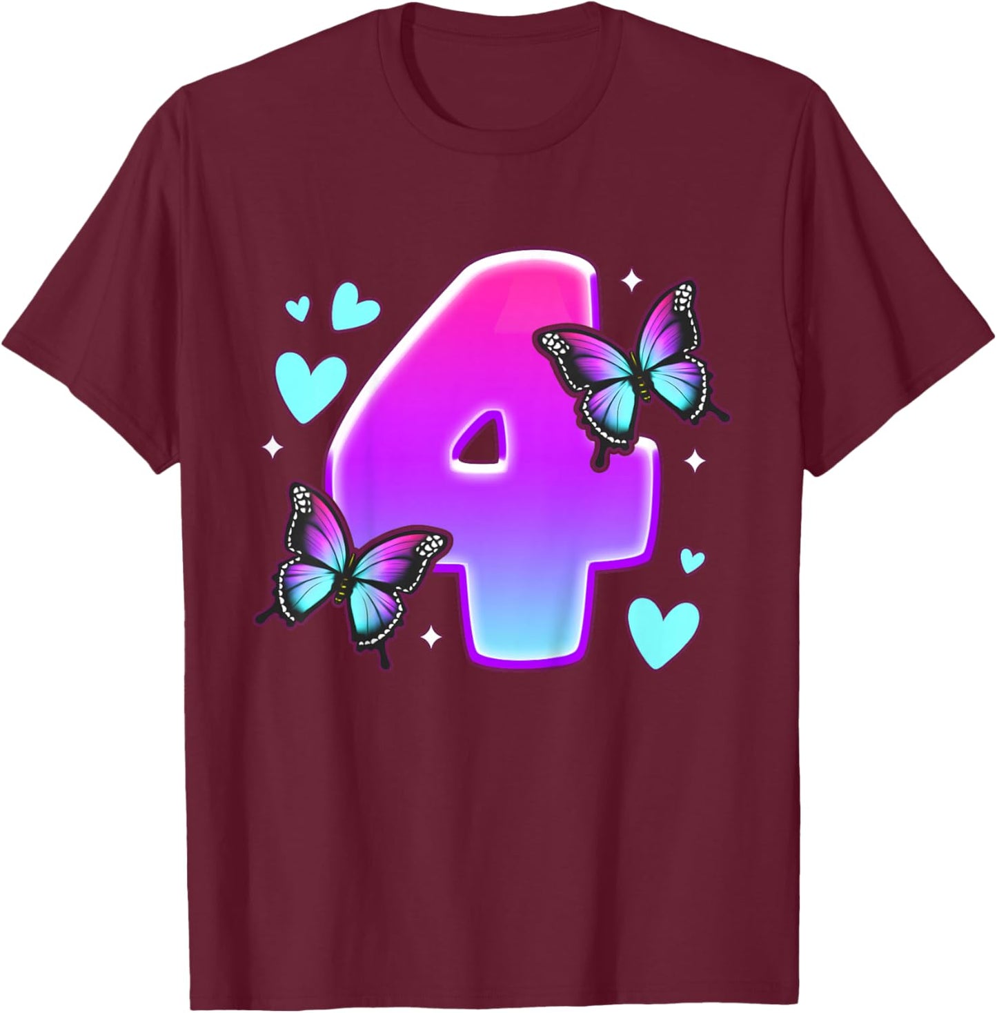 Birthday Girl 4 years, Butterflies and Number 4 T-Shirt - T-Shirt | Maroon