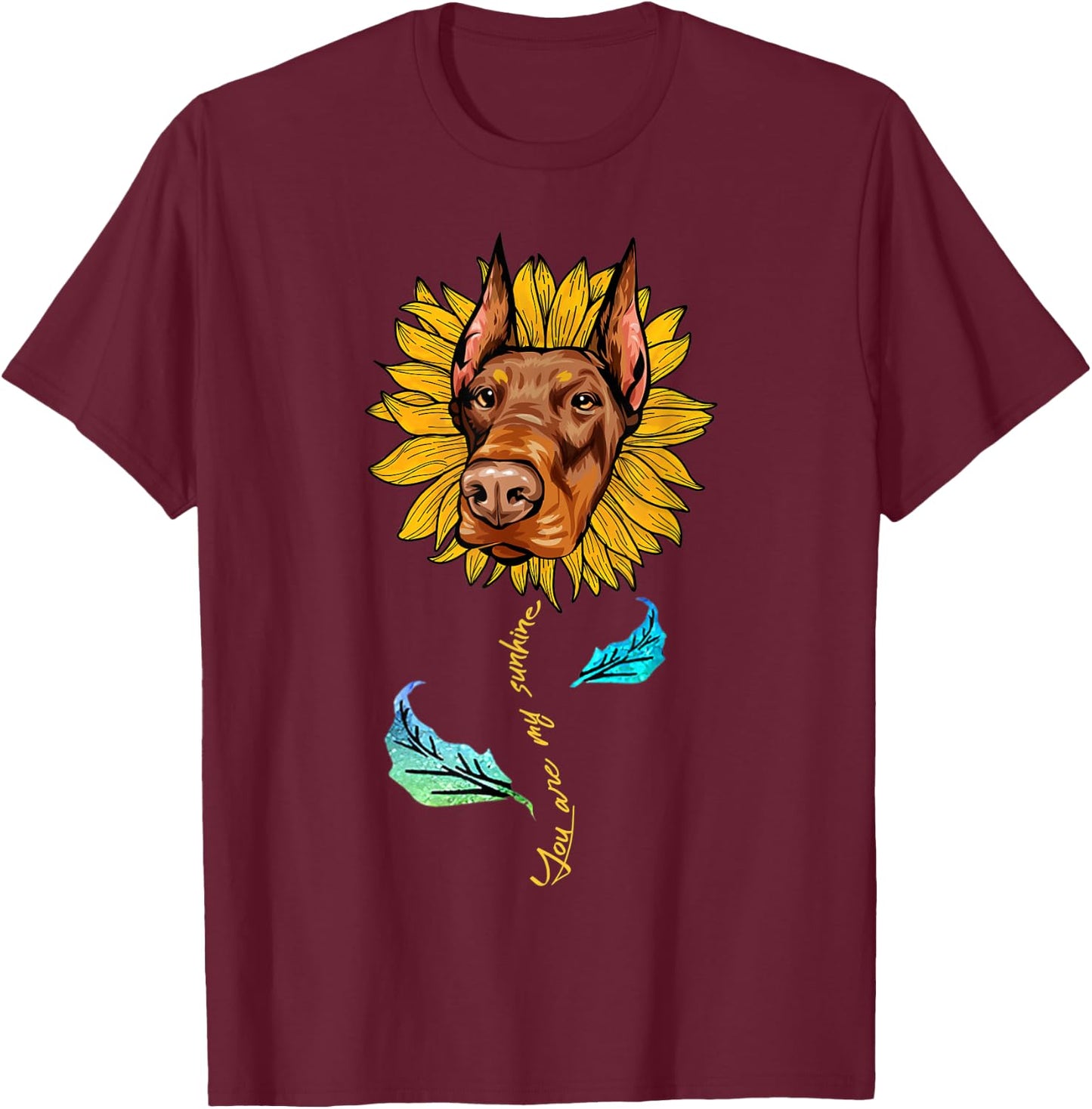 Sunflower Doberman head Funny Dog T-Shirt - T-Shirt | Maroon