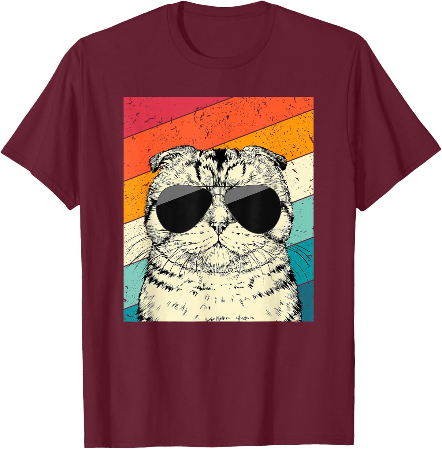 Retro Vintage Scottish Fold Cat with Sunglasses Cat Lovers T-Shirt - T-Shirt | Maroon