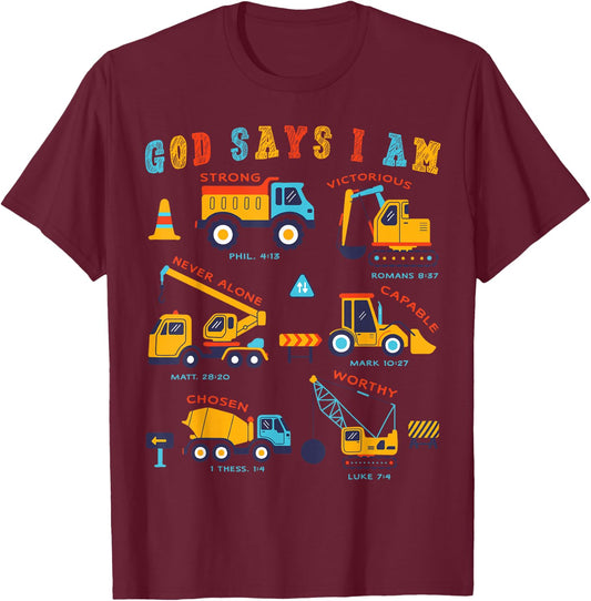Toddler Kids God Says I Am Construction Bible Verse Truck T-Shirt - T-Shirt | Maroon