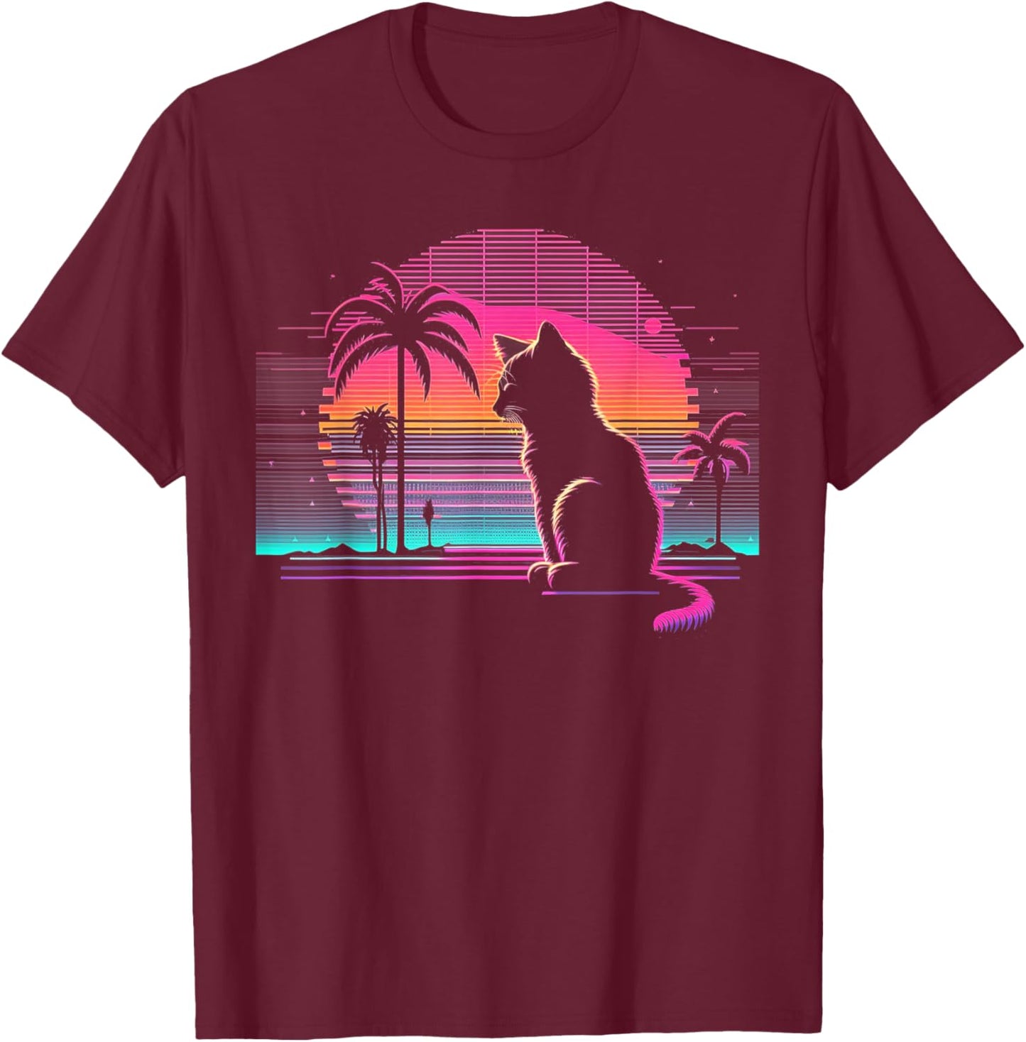 Cat Vaporwave Retrowave Aesthetic Synthwave 80s Palm Tree T-Shirt - T-Shirt | Maroon