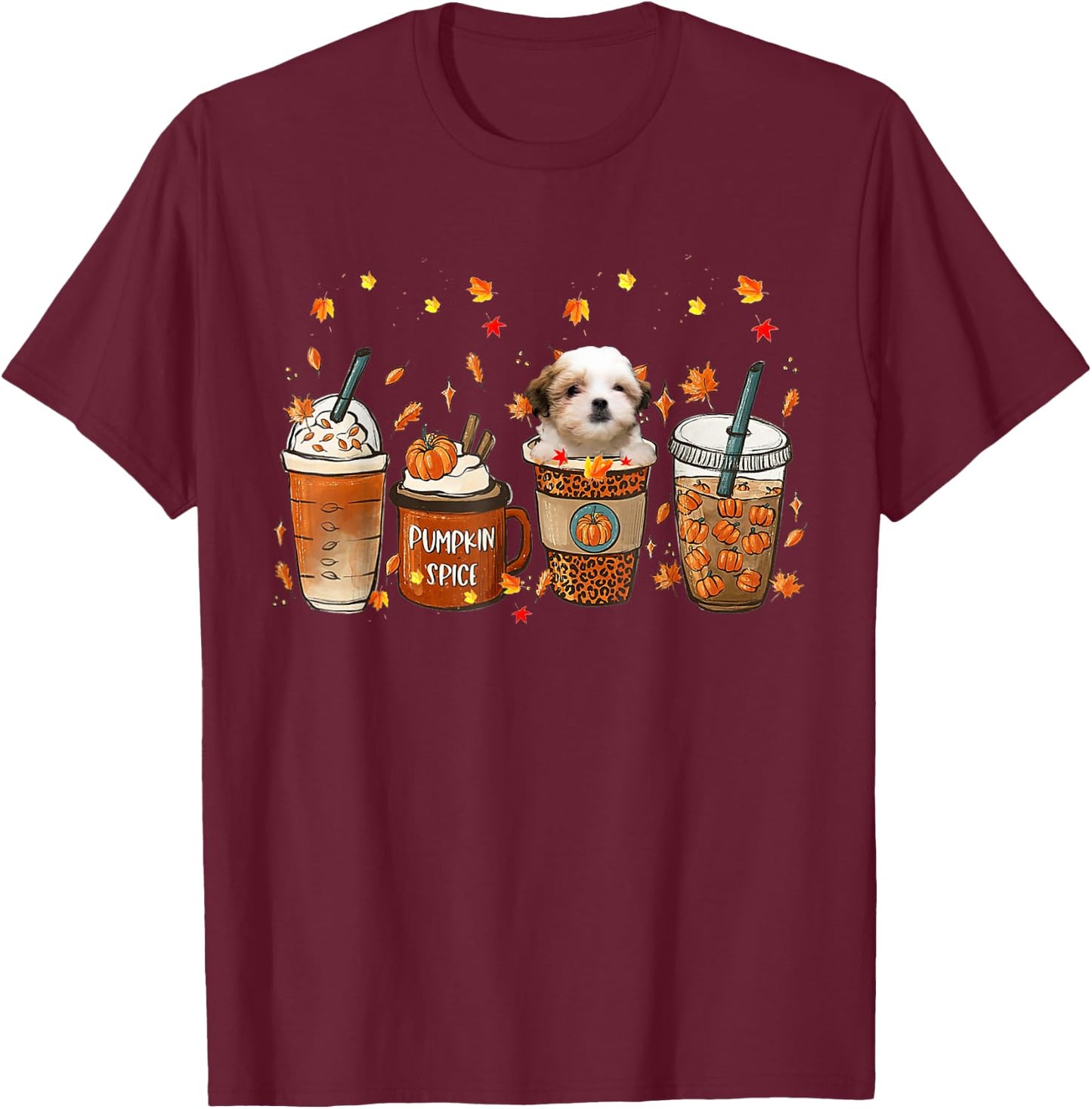 Teddy Bear Dog Fall Coffee Pumpkin Spice Latte Iced Autumn T-Shirt - T-Shirt | Maroon