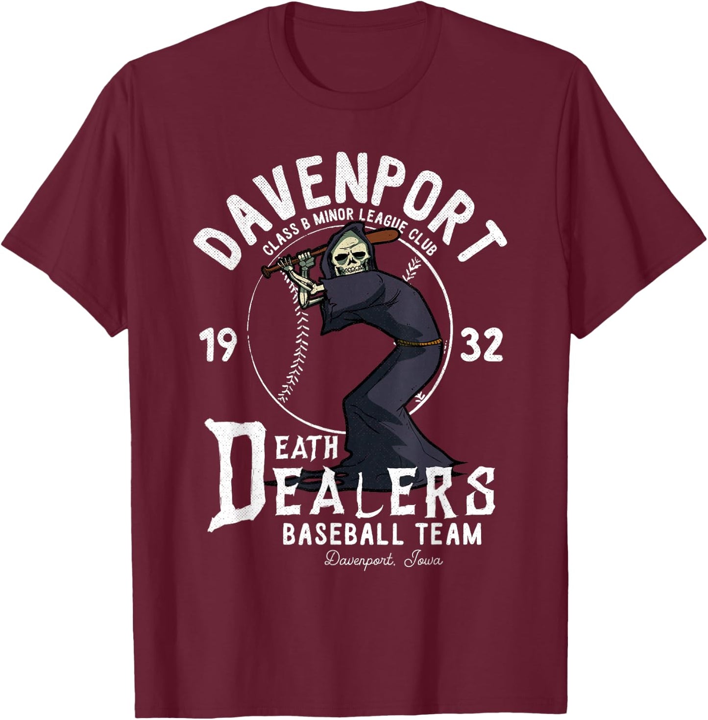 Davenport Death Dealers Retro Minor League Baseball Team T-Shirt - T-Shirt | Maroon