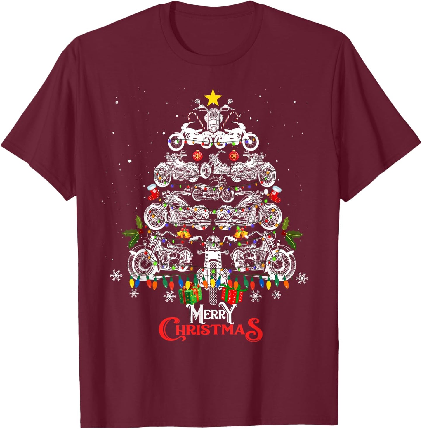 Merry Christmas Motorcycle Tree Christmas Lights Biker Xmas T-Shirt - T-Shirt | Maroon
