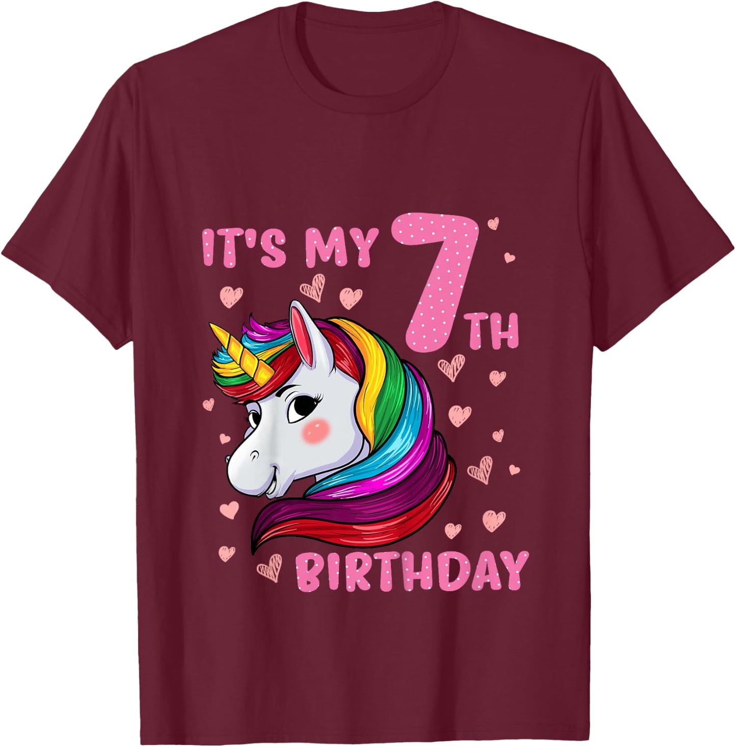 Unicorn Girl 7 Birthday Unicorn It's My 7th Birthday T-Shirt - T-Shirt | Maroon