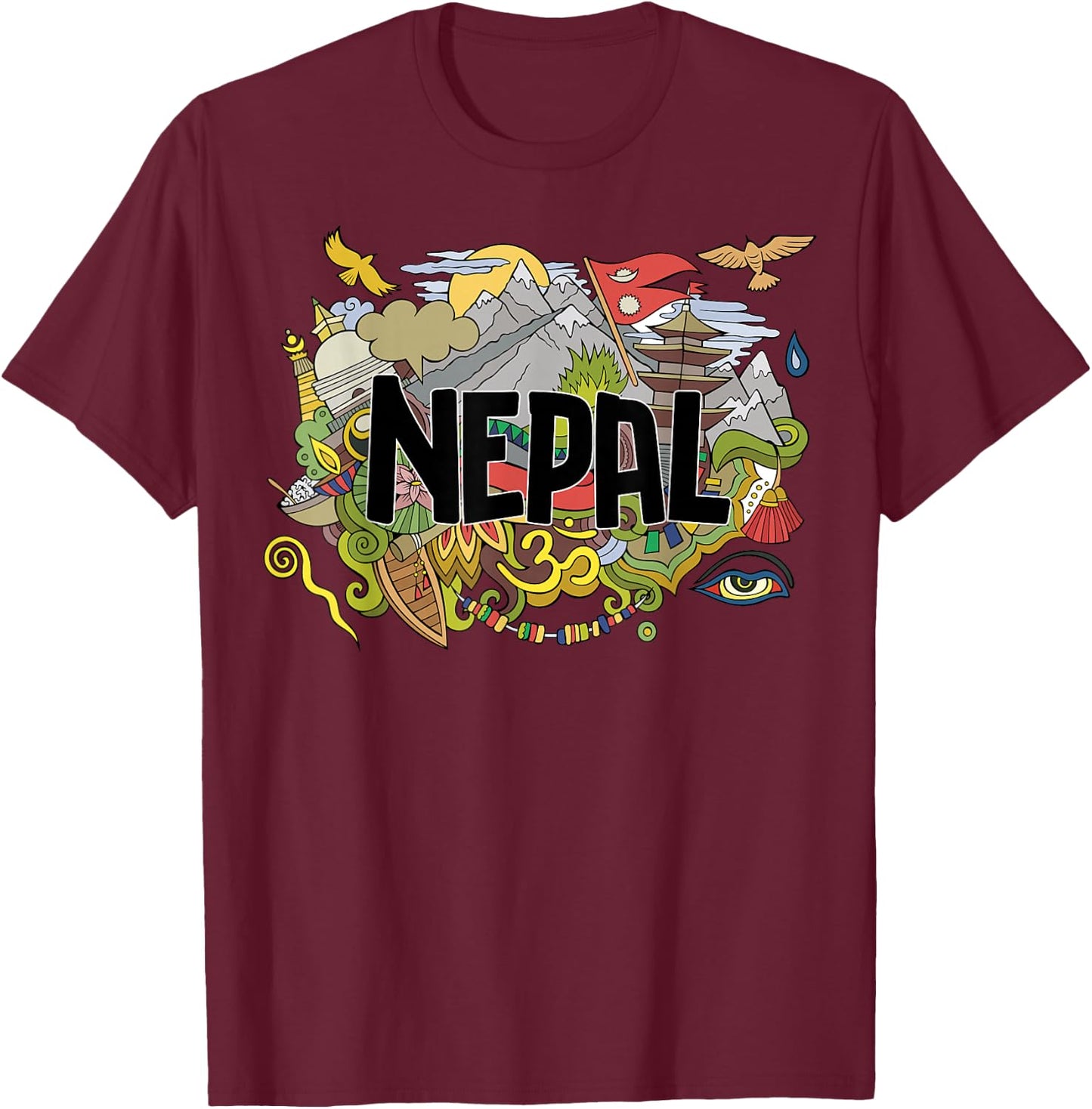 Nepali Flag Collage Everest Temples and Cultures of Nepal T-Shirt - T-Shirt | Maroon