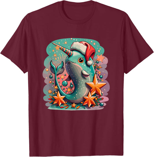 Cute Baby Narwhal Santa Hat Christmas Girls Women Boys Kids T-Shirt - T-Shirt | Maroon