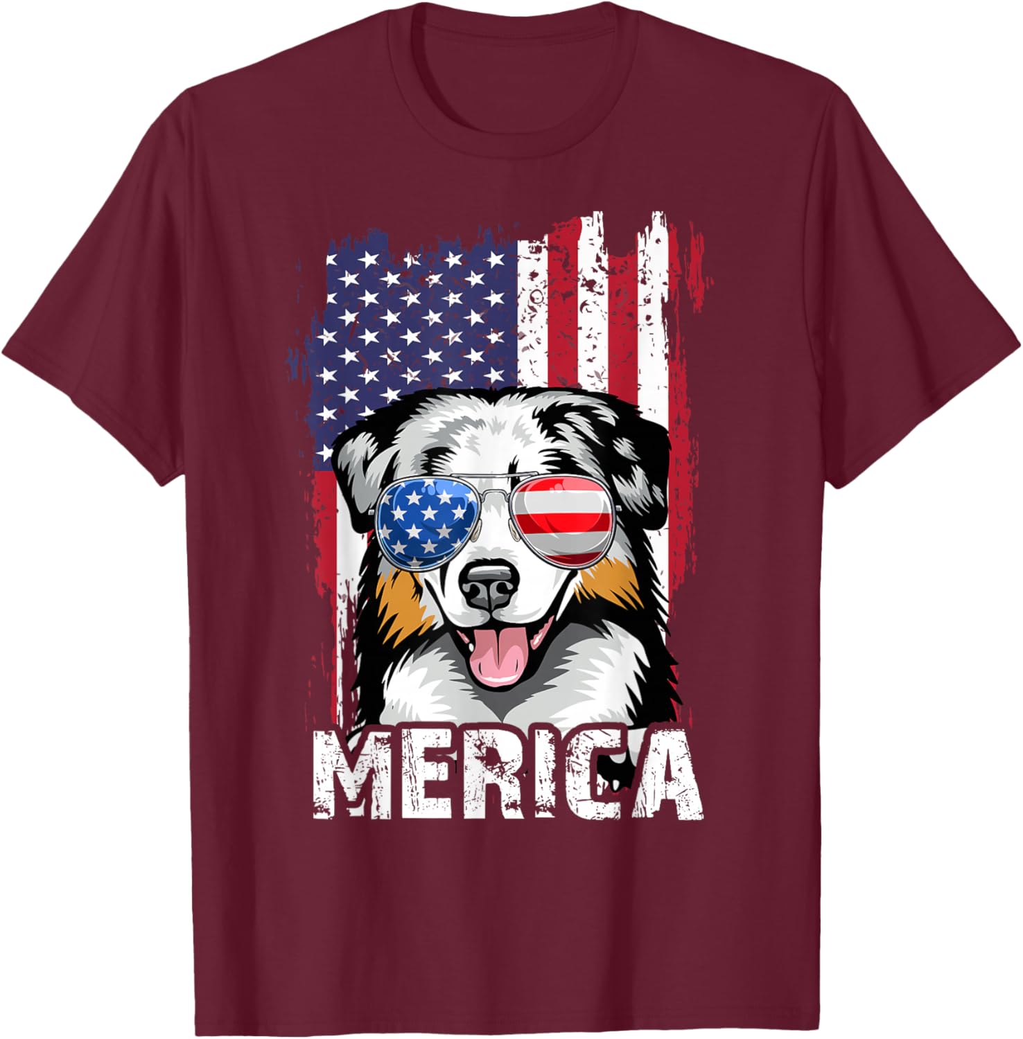 Australian Shepherd 4th of July Merica USA Flag Aussie Dog T-Shirt - T-Shirt | Maroon