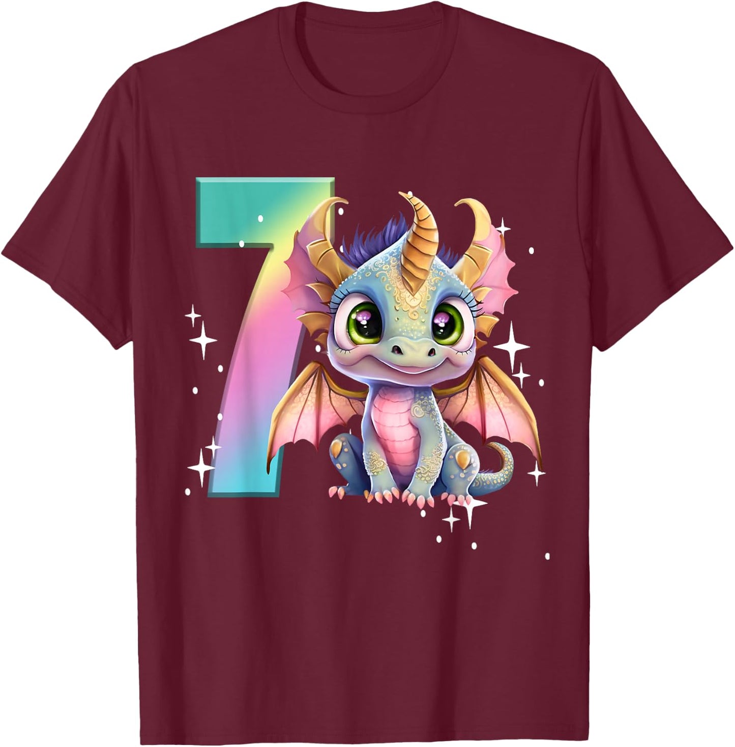 7th Birthday Shirt Dragon Party Rainbow Girl Dragon Seven 7 T-Shirt - T-Shirt | Maroon