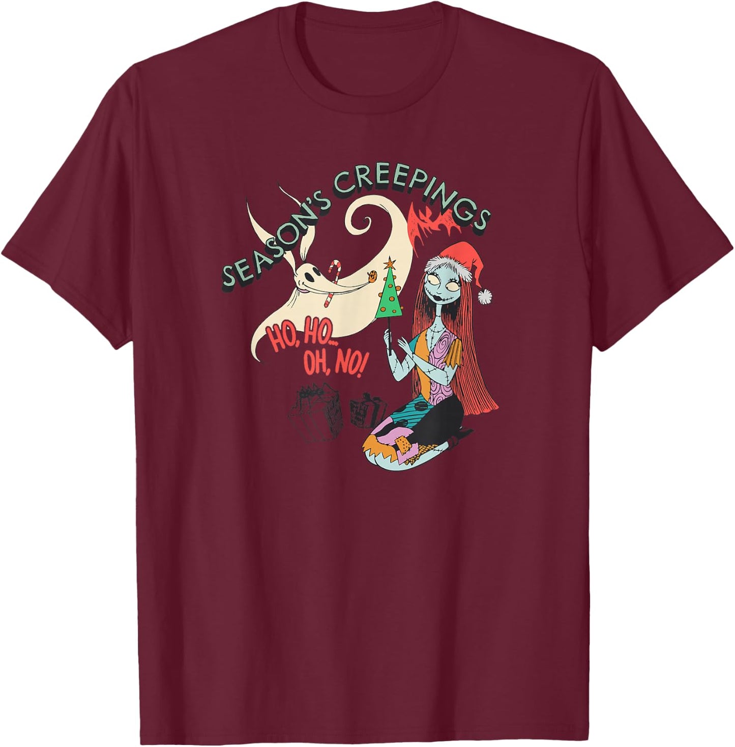 Amazon Essentials Men's Nightmare Before Christmas Sally and Zero Season’s Creepings , Grey Graphic Print, Small T-Shirt - T-Shirt | Maroon