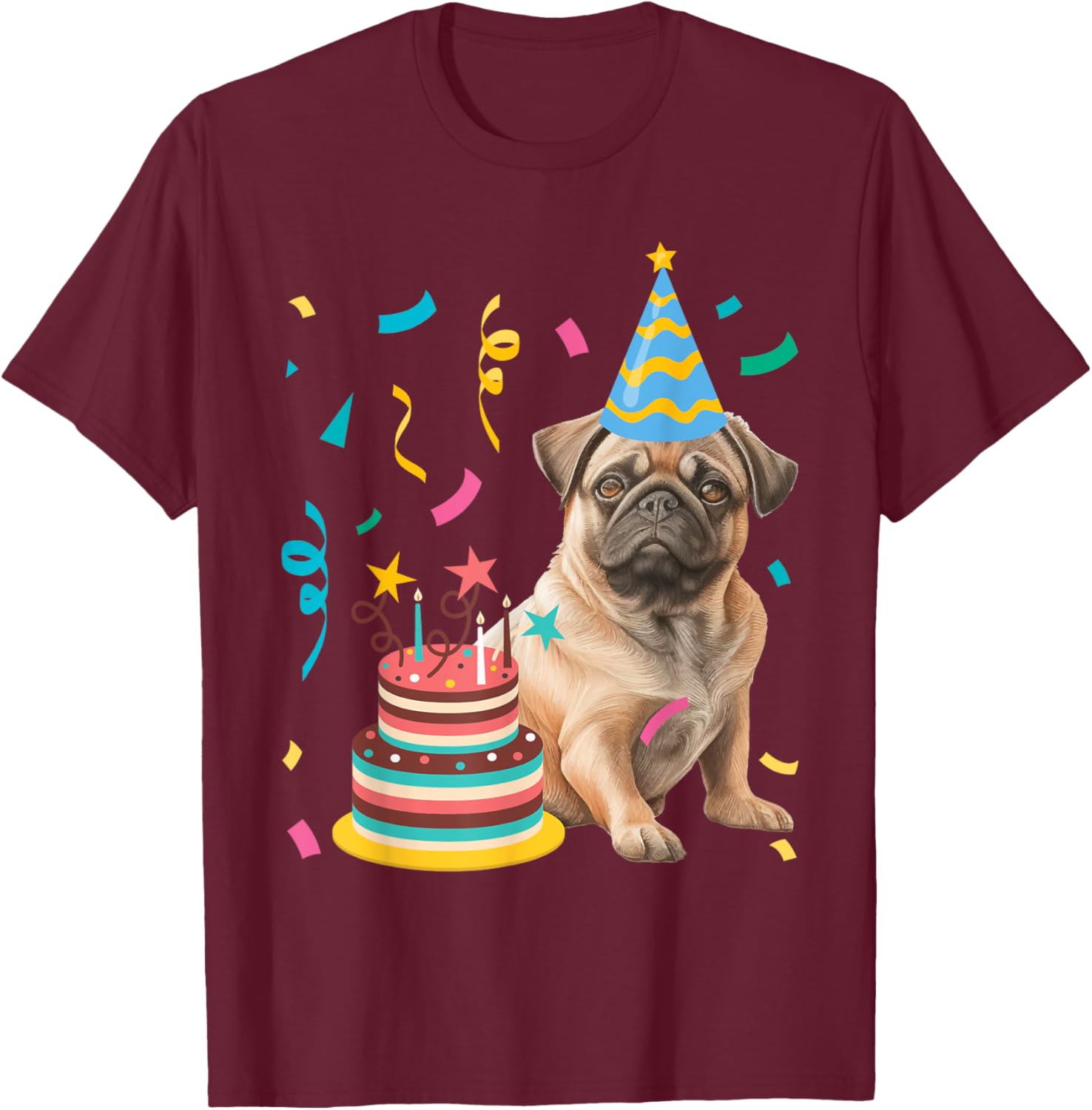 Funny Pug Shirts Pug Birthday Celebration -Adults & Older Children - Dog Lovers (Pug Lovers) Black Small T-Shirt - T-Shirt | Maroon