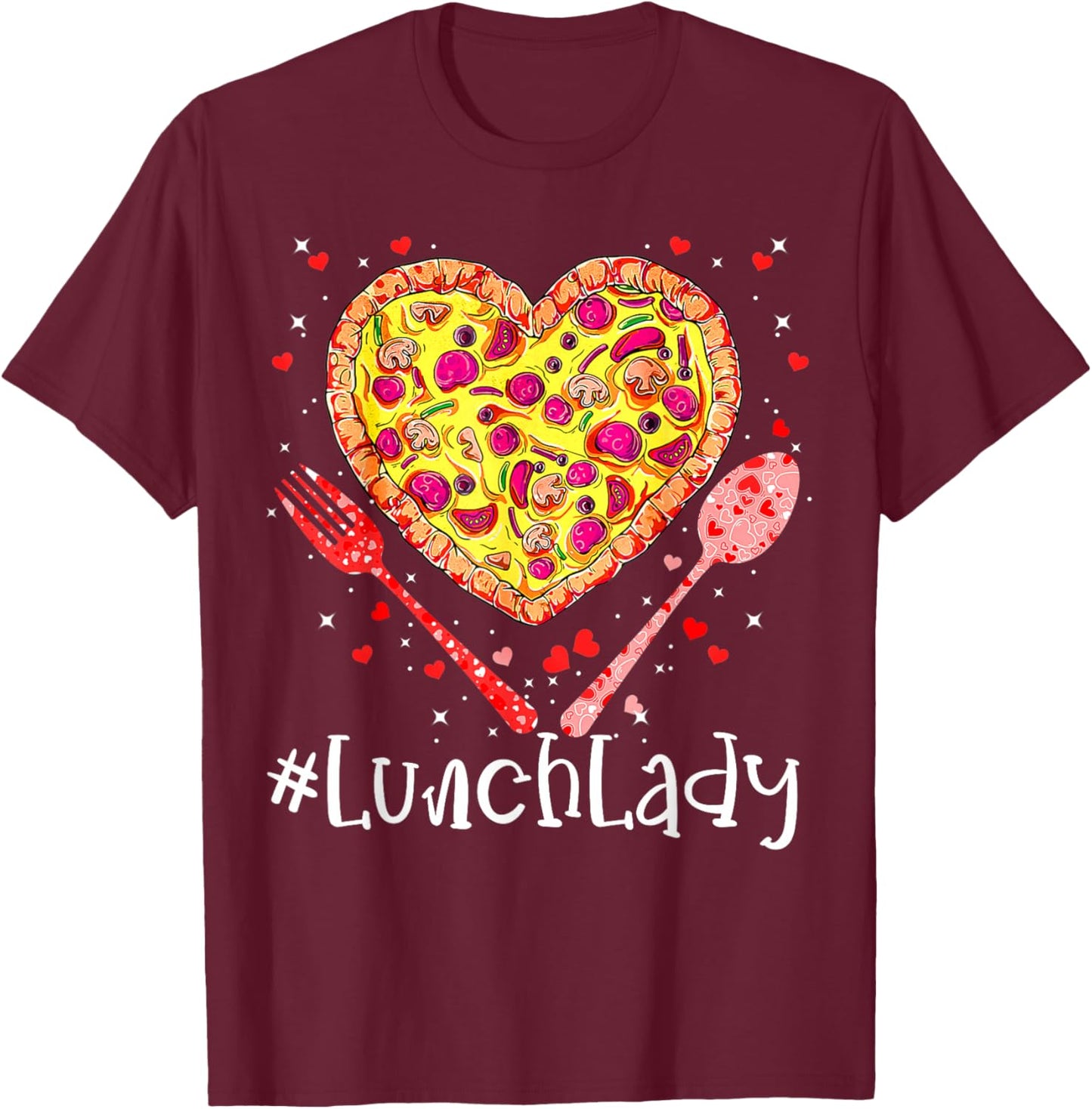 Most Likely To Christmas Be On The Nice Pizza Lunch Lady Funny Pink Heart Happy Valentine's Day 2023 for Couples, Valentine's Day Celebrators, -Adults, Short Sleeve, Black, Small T-Shirt - T-Shirt | Maroon