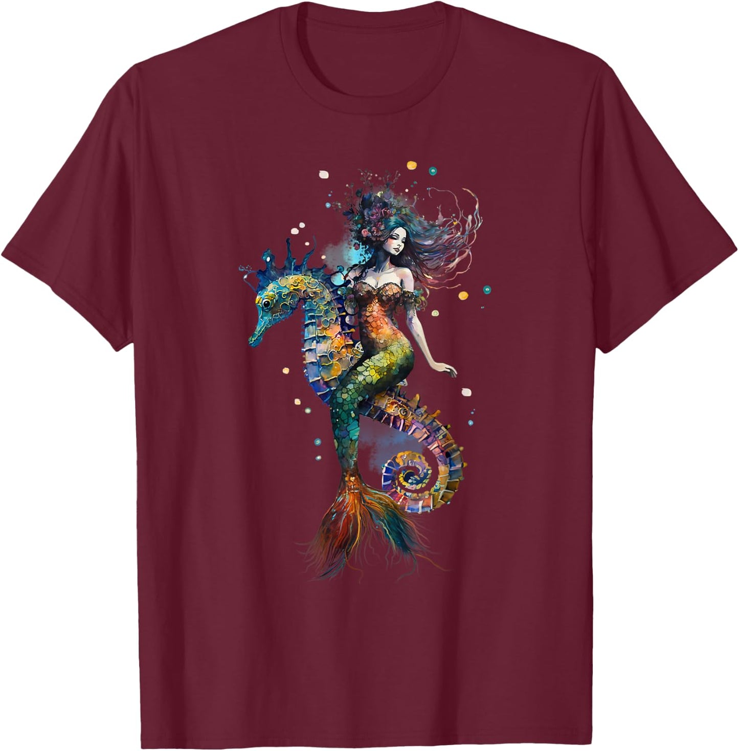 Mermaid Riding Seahorse Fantasy Ocean Mythical Creature T-Shirt - T-Shirt | Maroon