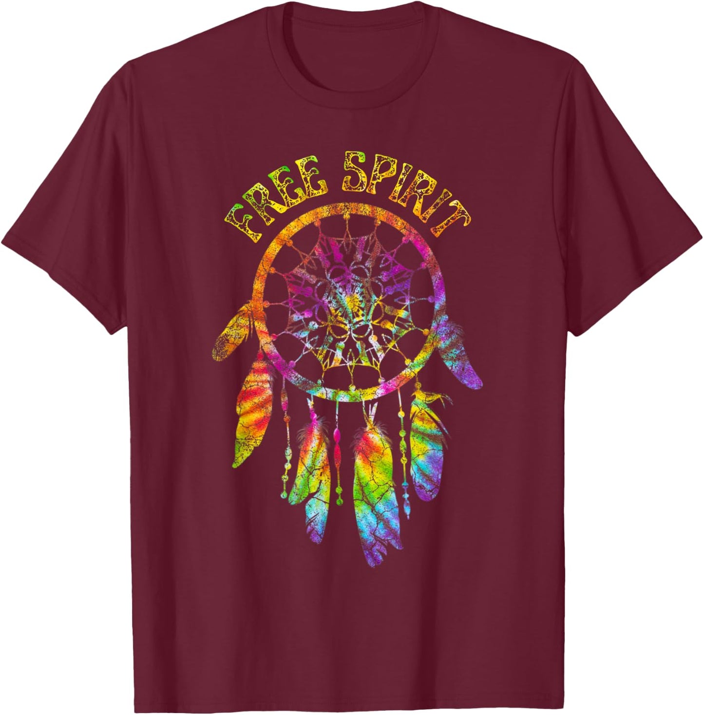 Free Spirit Tie Dye Groovy Dream Catcher Feathers Tribal T-Shirt - T-Shirt | Maroon