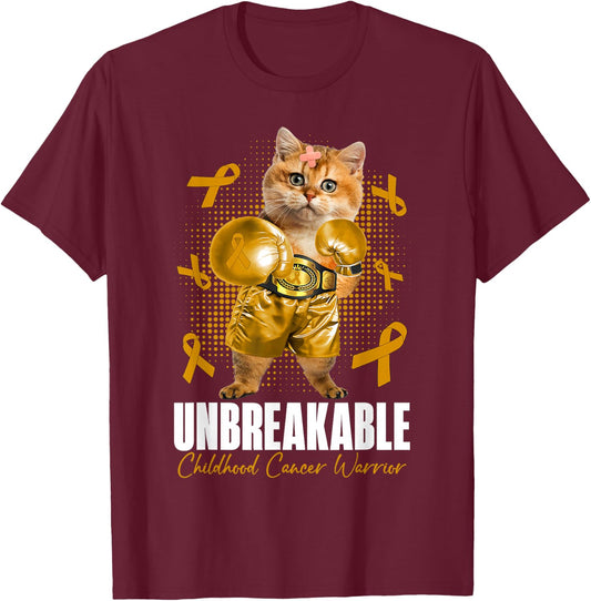 Unbreakable Childhood Cancer Awareness Fighter Cat Boxing T-Shirt - T-Shirt | Maroon