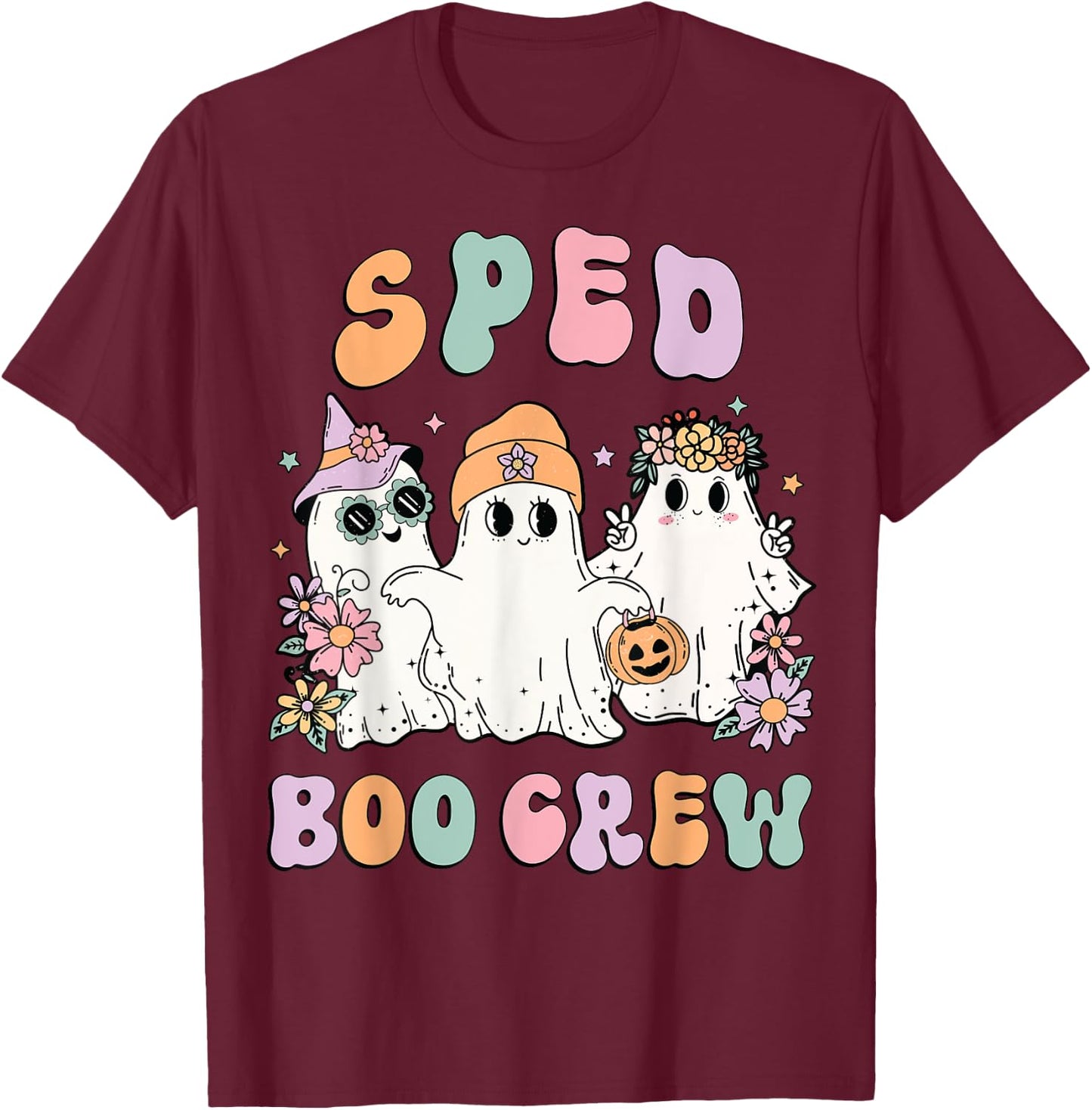 SPED Boo Crew Halloween Floral Ghost Special Ed SPED Teacher Women Kids T-Shirt - T-Shirt | Maroon